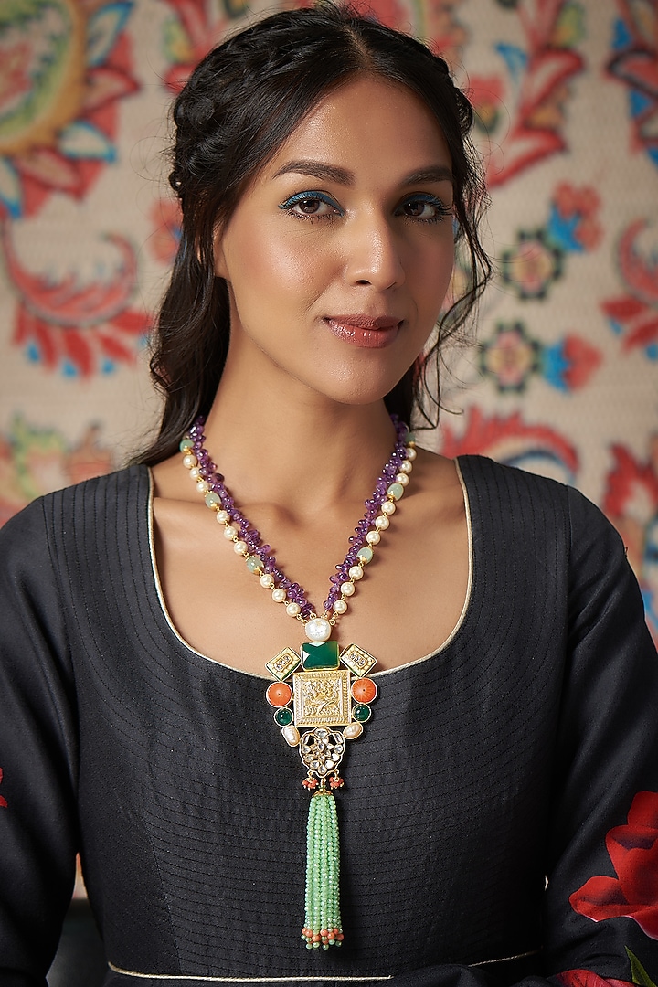 Gold Finish Amethyst Meenakari Necklace by Tad Accessories at Pernia's Pop Up Shop