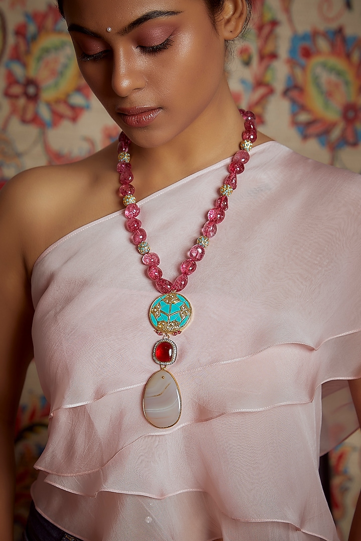 Gold Finish Agate Meenakari Necklace by Tad Accessories at Pernia's Pop Up Shop