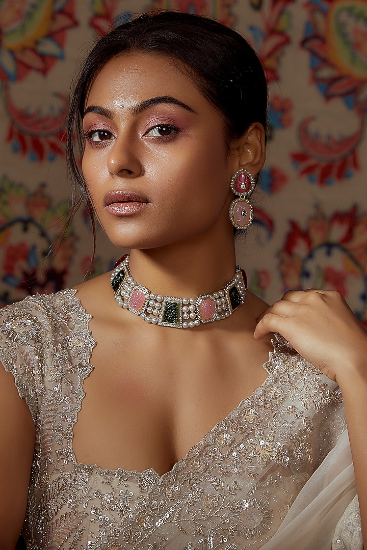 Two Tone Finish Synthetic Stone Necklace Set by Tad Accessories at Pernia's Pop Up Shop