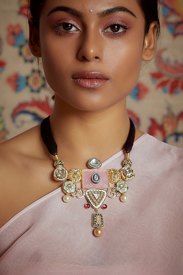 Gold Finish Meenakari Necklace With Semi Precious Stones by Tad Accessories at Pernia's Pop Up Shop