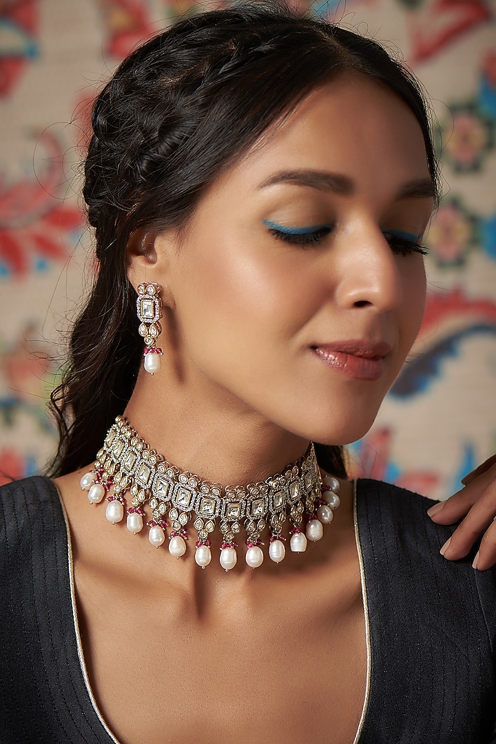 Two Tone Finish Semi Precious Stone Necklace Set by Tad Accessories at Pernia's Pop Up Shop