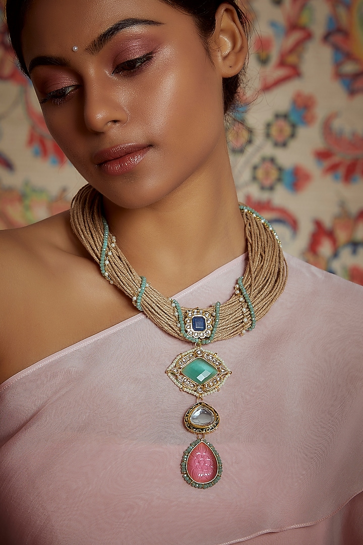 Gold Finish Imitation Polki Jute Necklace by Tad Accessories at Pernia's Pop Up Shop