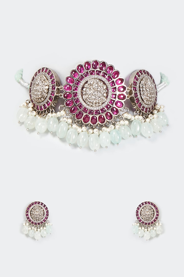 Two Tone Finish Semi Precious Stone Necklace Set by Tad Accessories at Pernia's Pop Up Shop