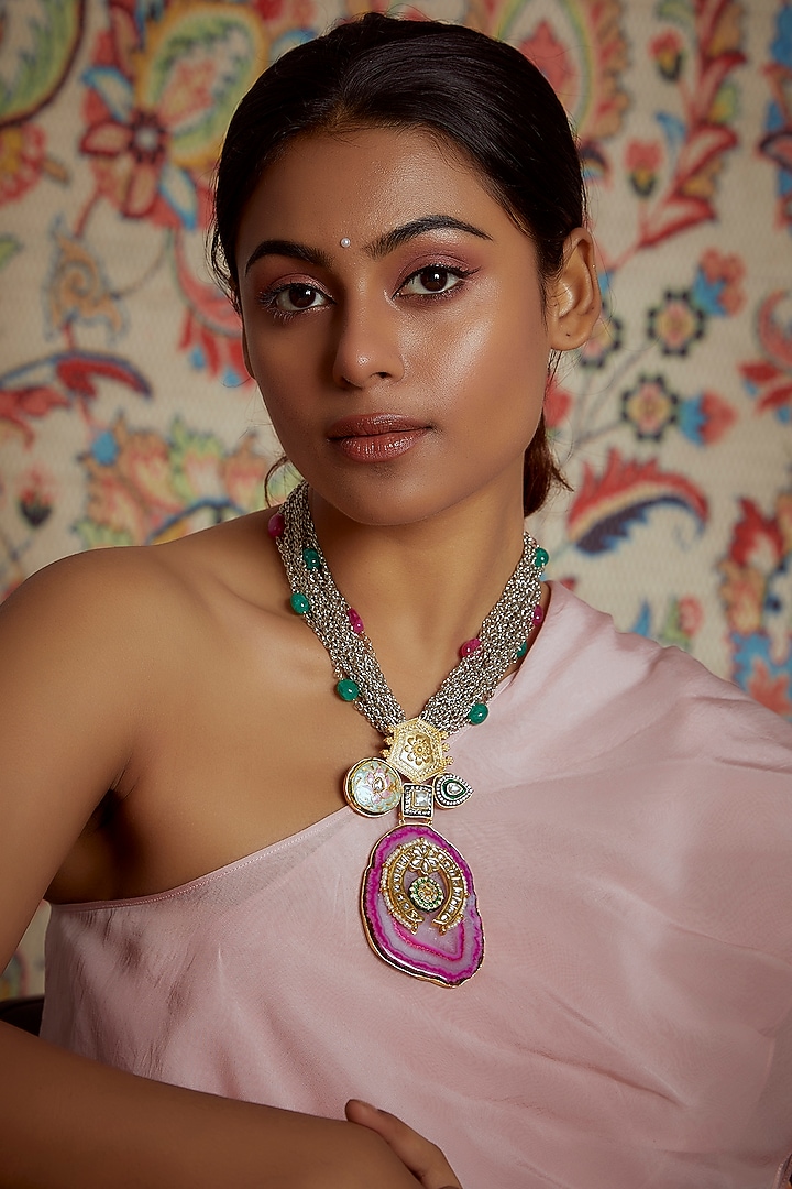 Two Tone Finish Semi Precious Stone Necklace by Tad Accessories at Pernia's Pop Up Shop