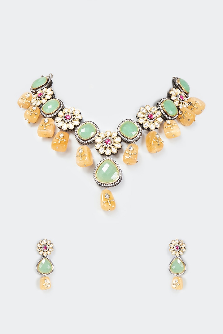 Two Tone Finish Semi Precious Stone Necklace Set by Tad Accessories