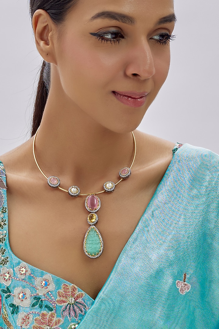 Gold Finish Kundan Polki & Semi-Precious Stone Necklace by Tad Accessories at Pernia's Pop Up Shop