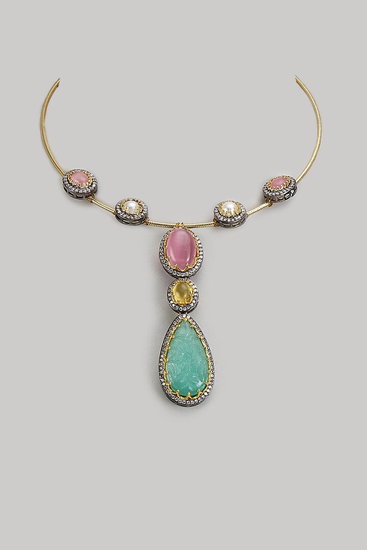 Gold Finish Kundan Polki & Semi-Precious Stone Necklace by Tad Accessories at Pernia's Pop Up Shop