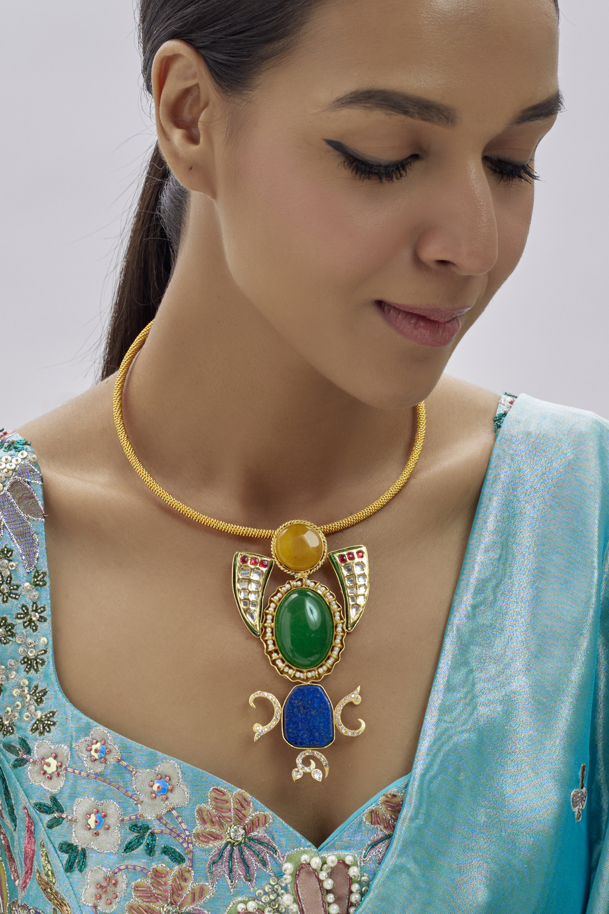 Gold Finish Kundan Polki & Semi-Precious Stone Necklace by Tad Accessories at Pernia's Pop Up Shop