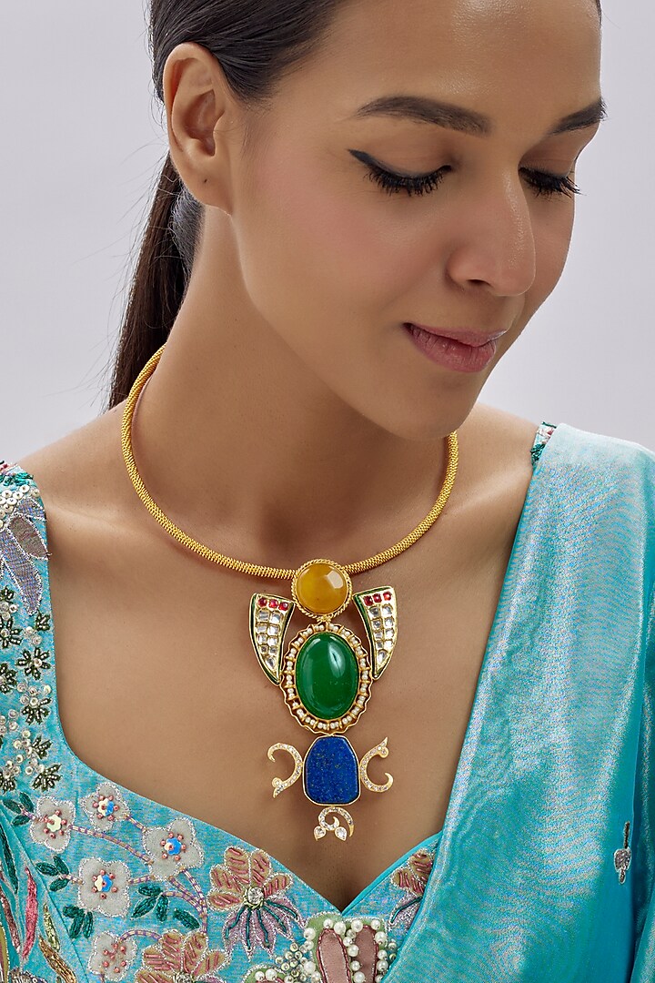 Gold Finish Kundan Polki & Semi-Precious Stone Necklace by Tad Accessories at Pernia's Pop Up Shop