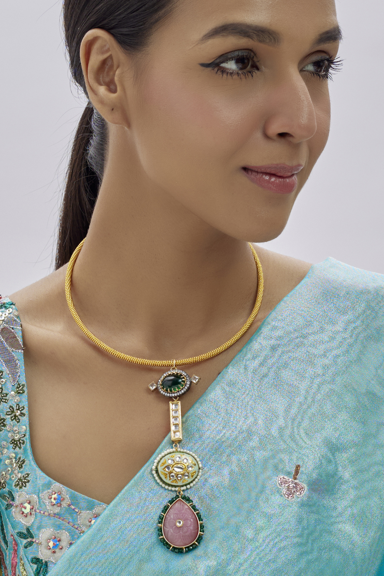 Gold Finish Kundan Polki & Semi-Precious Stone Necklace by Tad Accessories at Pernia's Pop Up Shop