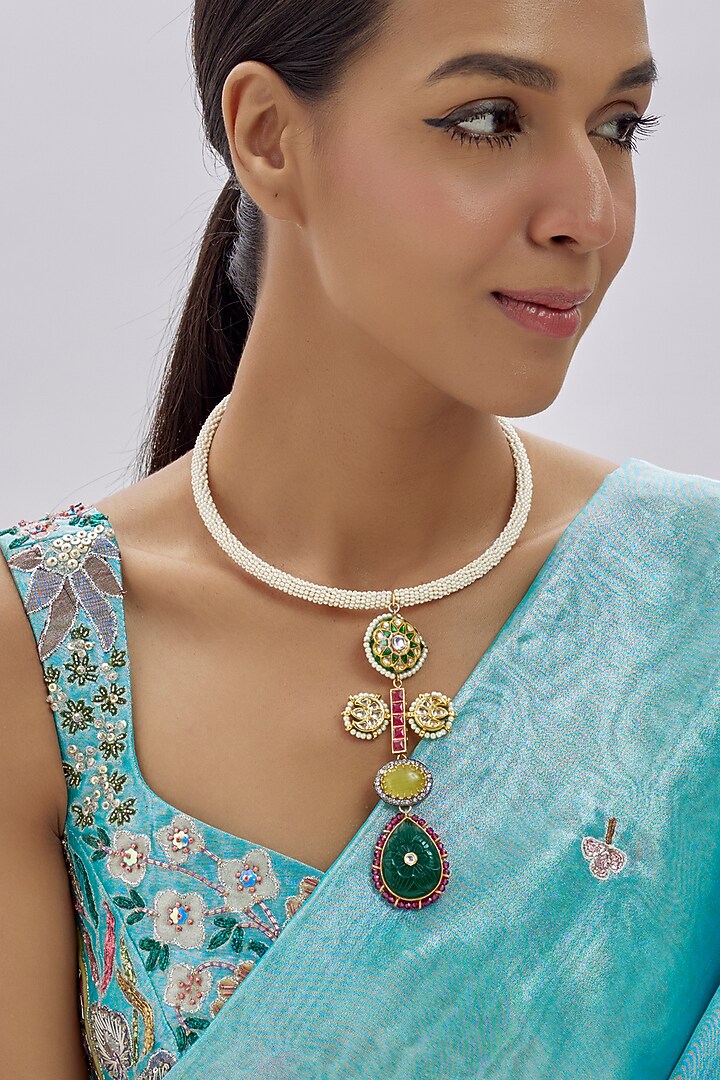 Gold Finish Kundan Polki & Semi-Precious Stone Necklace by Tad Accessories at Pernia's Pop Up Shop