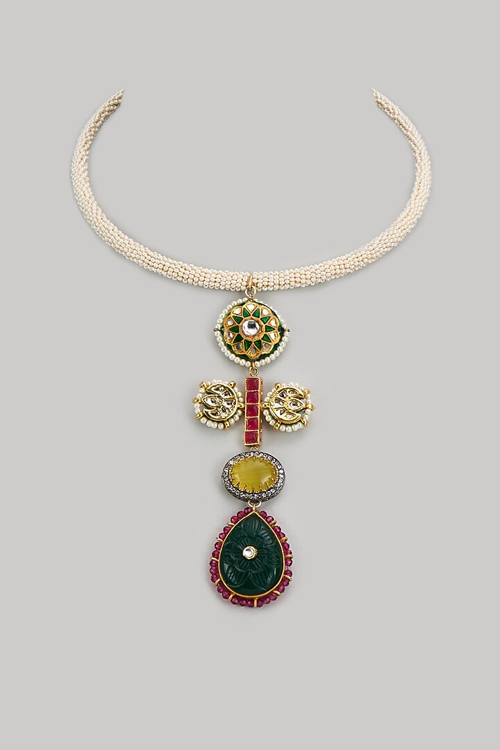 Gold Finish Kundan Polki & Semi-Precious Stone Necklace by Tad Accessories at Pernia's Pop Up Shop