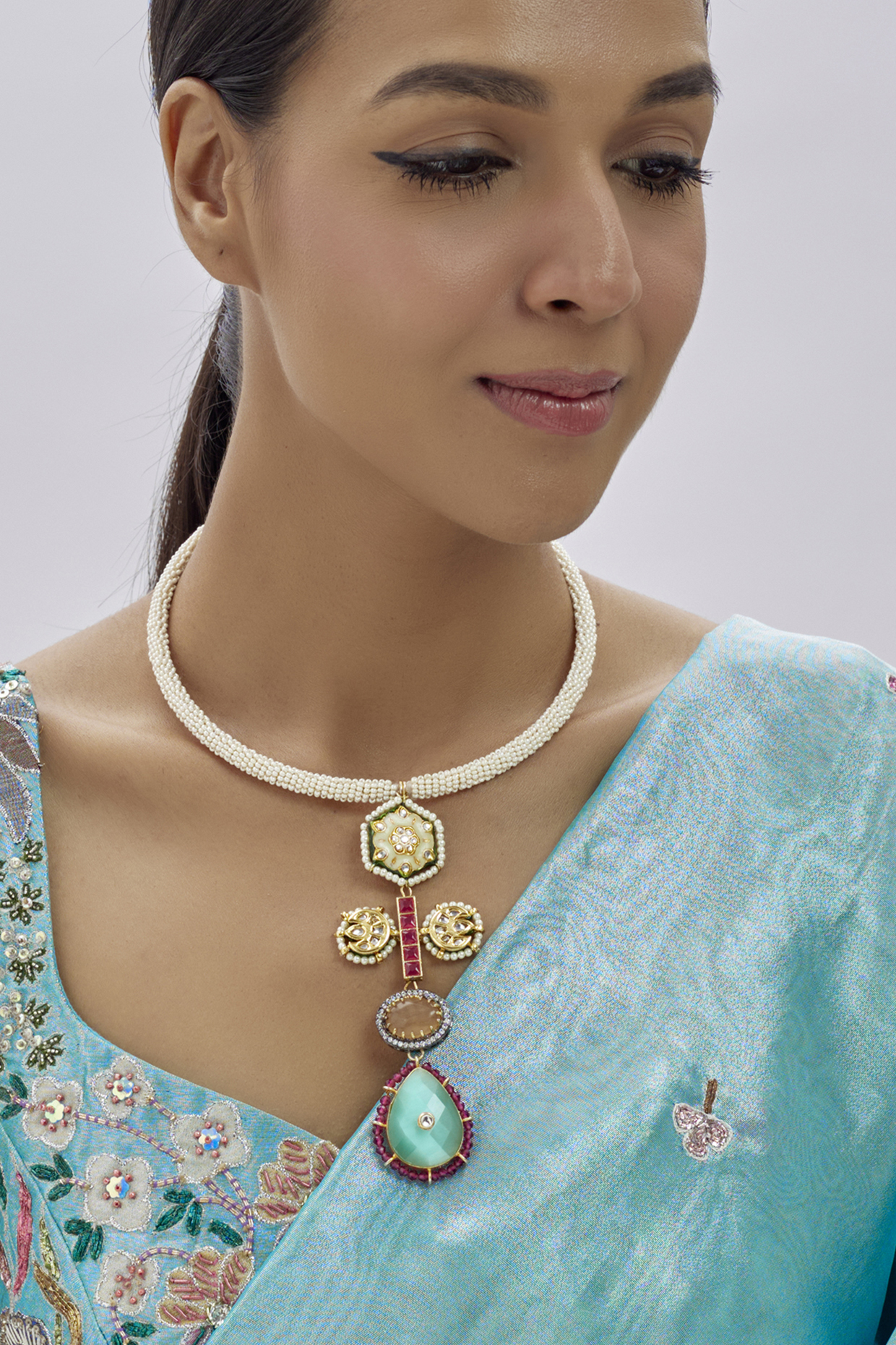 Gold Finish Kundan Polki & Semi-Precious Stone Necklace by Tad Accessories at Pernia's Pop Up Shop