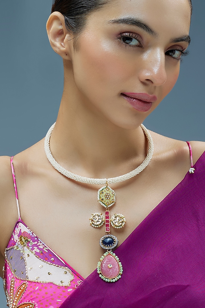 Gold Finish Kundan Polki & Semi-Precious Stone Necklace by Tad Accessories at Pernia's Pop Up Shop