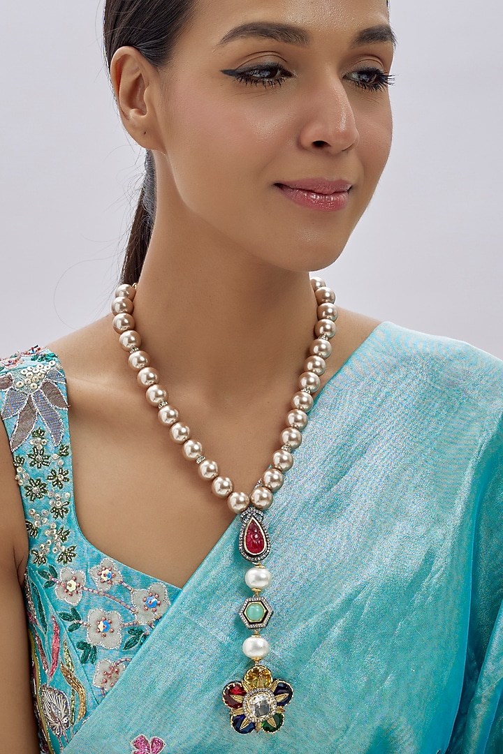 Gold Finish Kundan Polki & Semi-Precious Stone Long Necklace by Tad Accessories at Pernia's Pop Up Shop