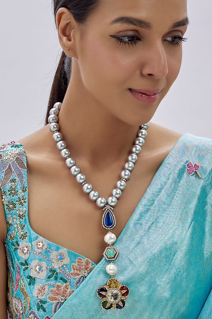 Gold Finish Kundan Polki & Semi-Precious Stone Long Necklace by Tad Accessories at Pernia's Pop Up Shop