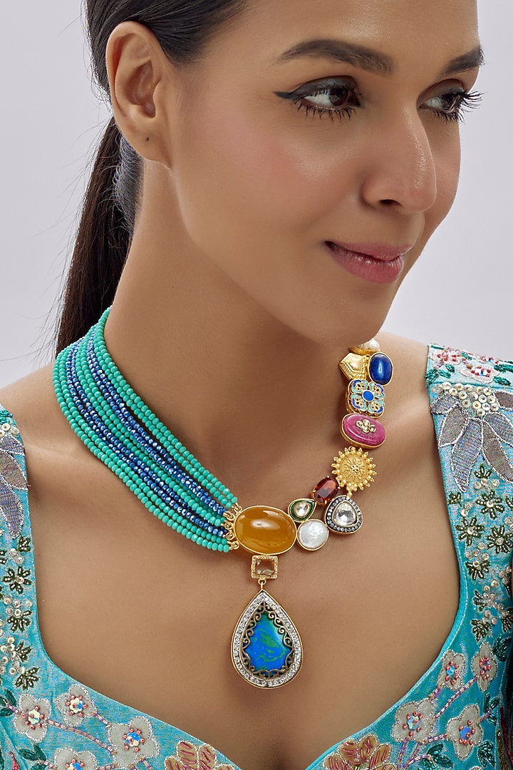 Gold Finish Kundan Polki & Semi-Precious Stone Necklace by Tad Accessories at Pernia's Pop Up Shop