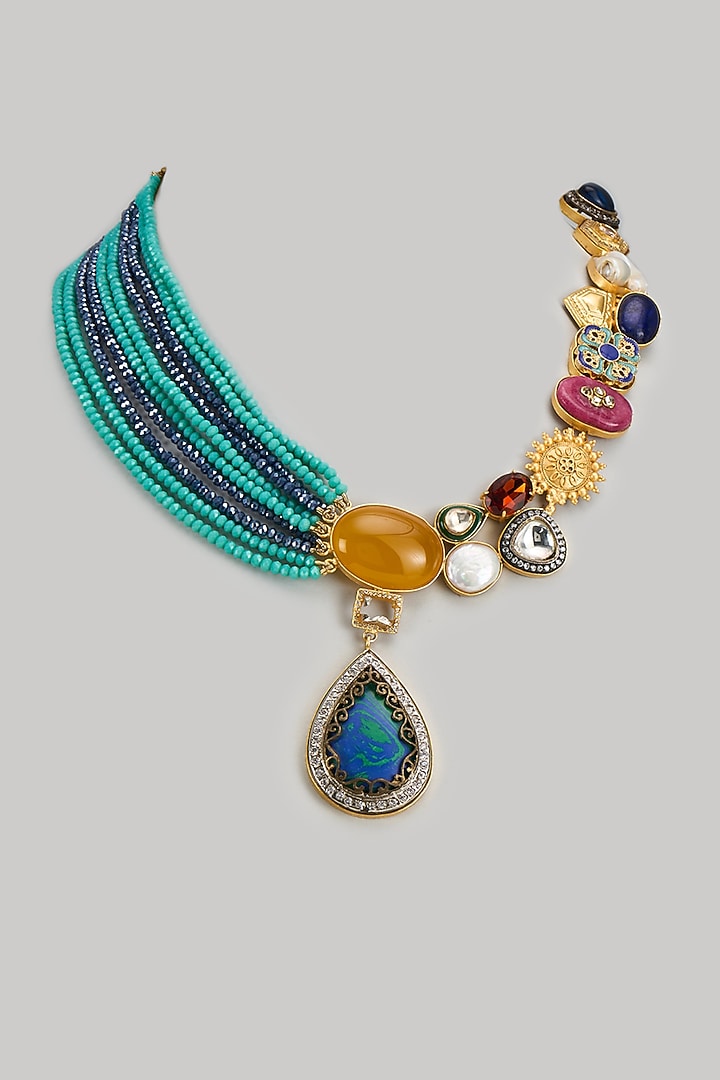 Gold Finish Kundan Polki & Semi-Precious Stone Necklace by Tad Accessories at Pernia's Pop Up Shop