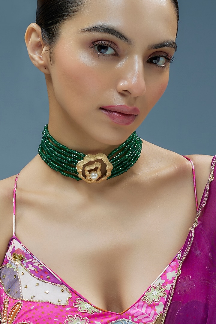 Gold Finish Kundan Polki Choker Necklace by Tad Accessories at Pernia's Pop Up Shop