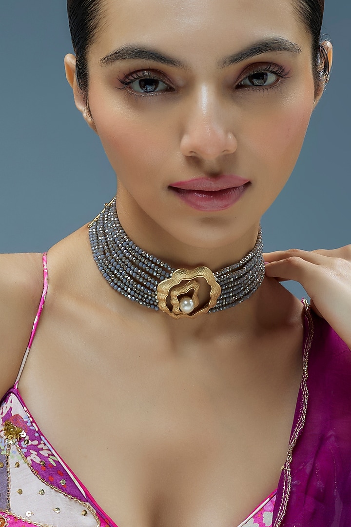 Gold Finish Kundan Polki Choker Necklace by Tad Accessories at Pernia's Pop Up Shop
