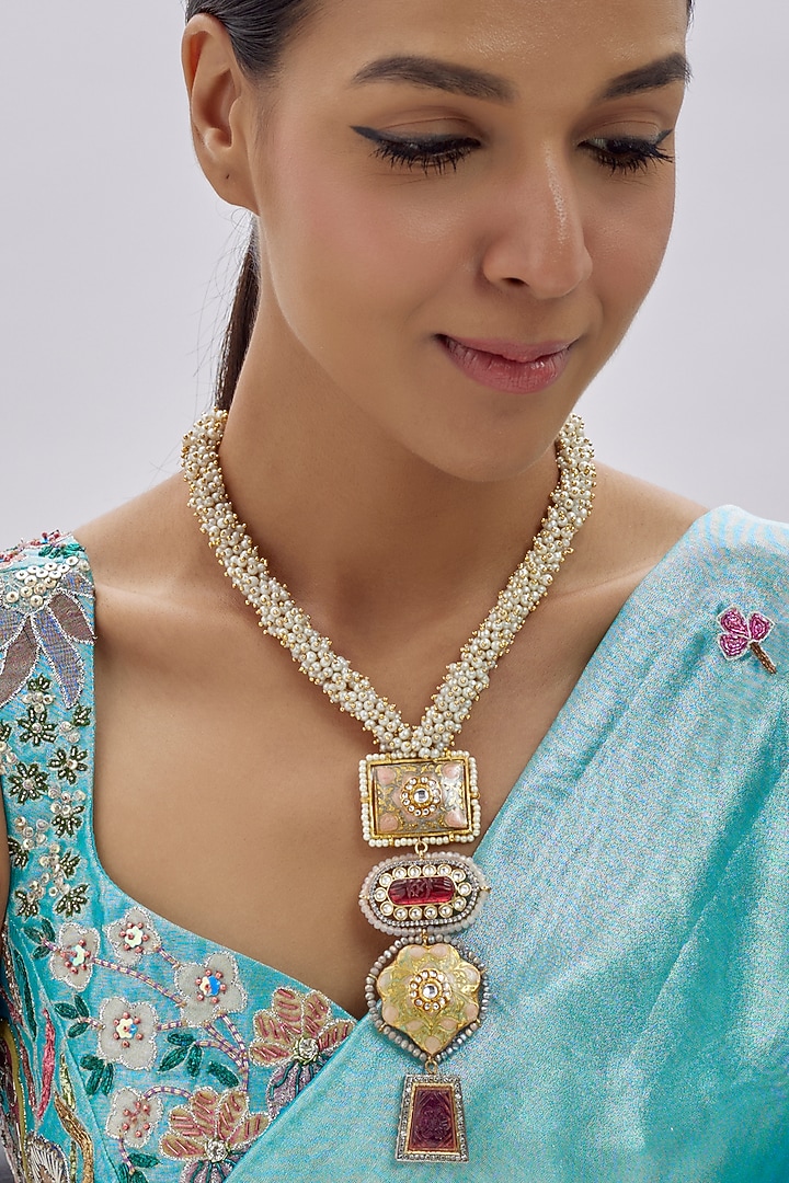 Gold Finish Kundan Polki & Red Semi-Precious Stone Necklace by Tad Accessories at Pernia's Pop Up Shop