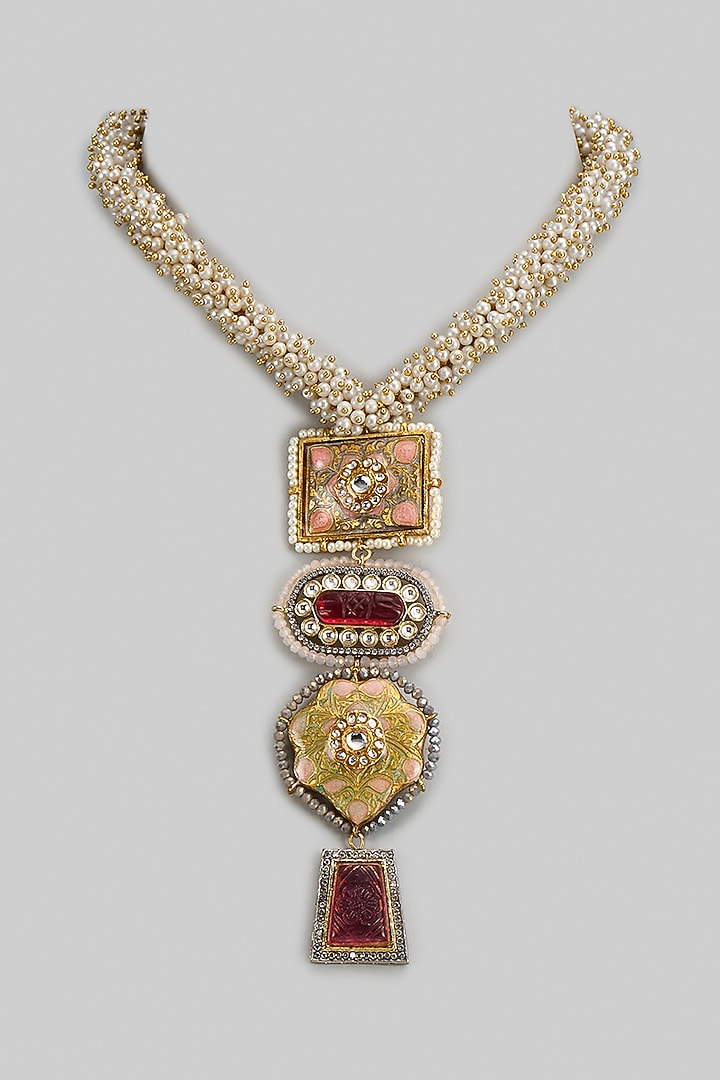Gold Finish Kundan Polki & Red Semi-Precious Stone Necklace by Tad Accessories at Pernia's Pop Up Shop