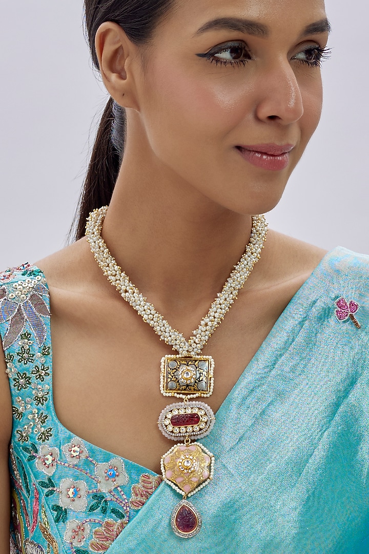 Gold Finish Kundan Polki & Red Semi-Precious Stone Necklace by Tad Accessories at Pernia's Pop Up Shop