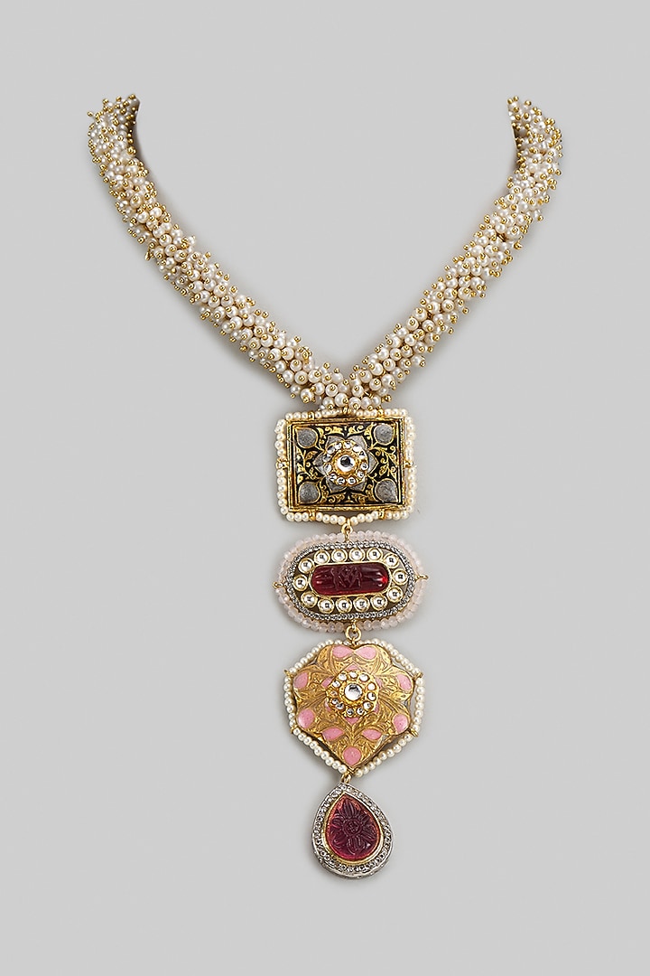 Gold Finish Kundan Polki & Red Semi-Precious Stone Necklace by Tad Accessories at Pernia's Pop Up Shop