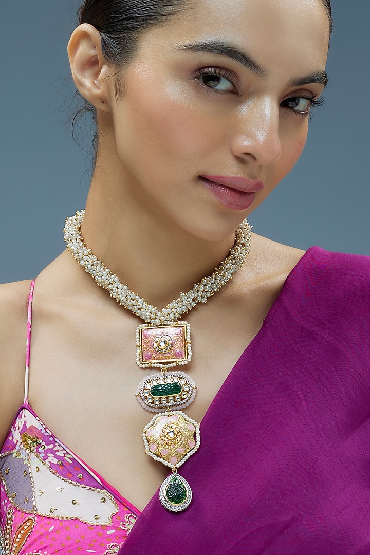Gold Finish Kundan Polki & Green Semi-Precious Stone Necklace by Tad Accessories at Pernia's Pop Up Shop