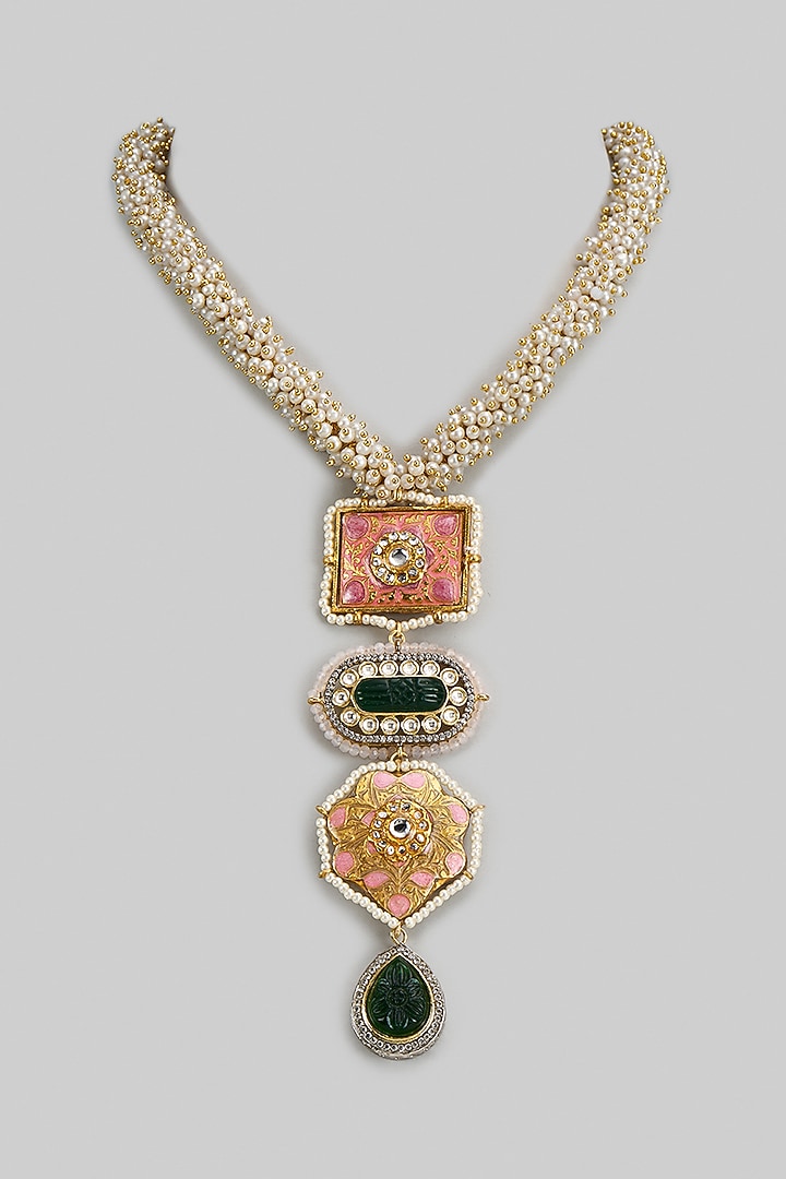 Gold Finish Kundan Polki & Green Semi-Precious Stone Necklace by Tad Accessories at Pernia's Pop Up Shop