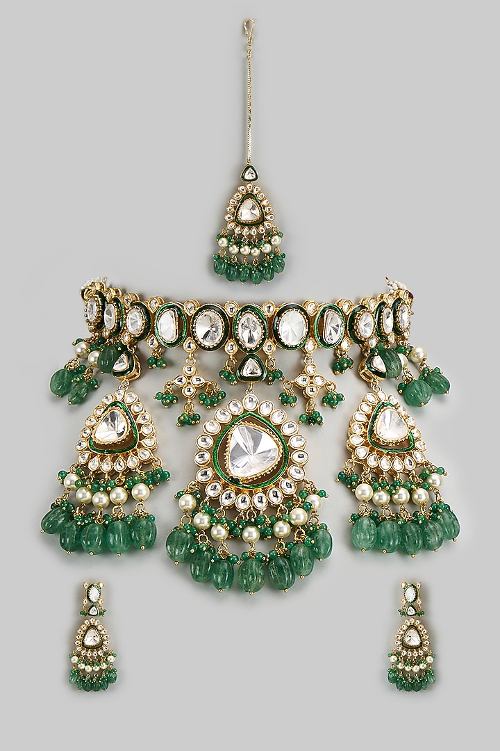 Gold Finish Kundan Polki & Green Semi-Precious Stone Necklace Set by Tad Accessories at Pernia's Pop Up Shop