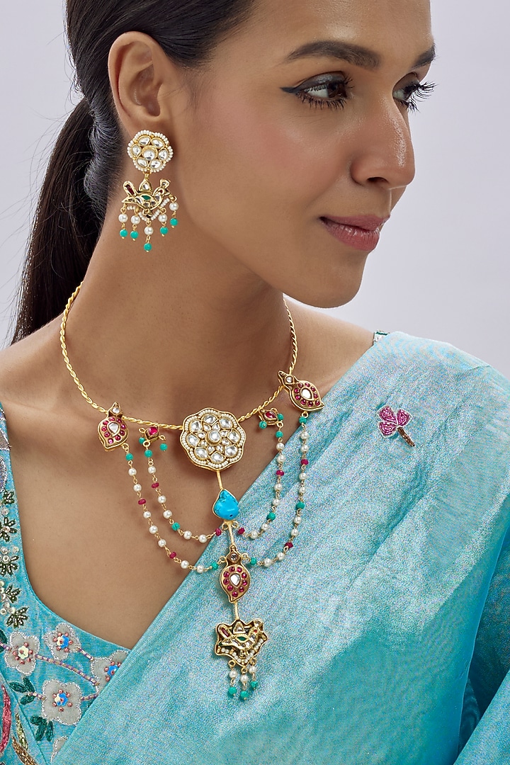 Gold Finish Kundan Polki & Semi-Precious Stone Necklace Set by Tad Accessories at Pernia's Pop Up Shop