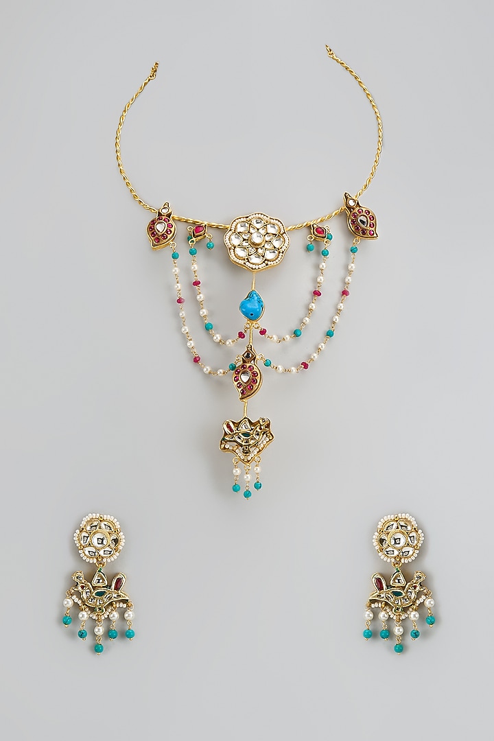 Gold Finish Kundan Polki & Semi-Precious Stone Necklace Set by Tad Accessories at Pernia's Pop Up Shop