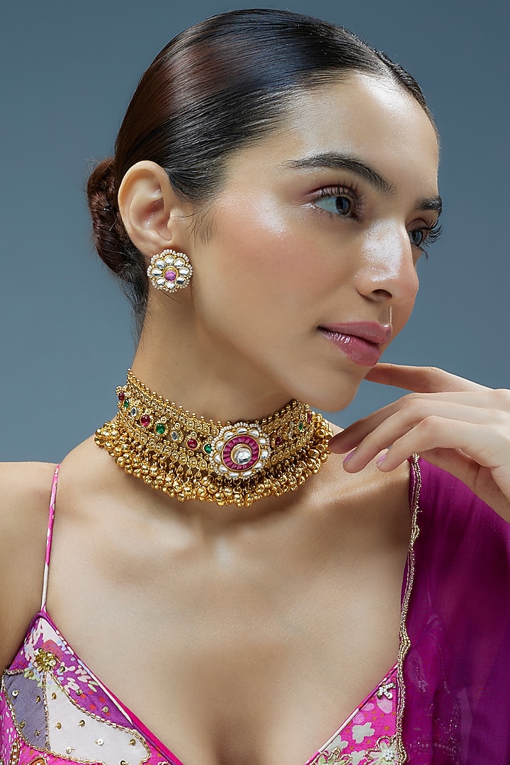 Gold Finish Imitation Kundan Polki & Semi-Precious Stone Necklace Set by Tad Accessories at Pernia's Pop Up Shop