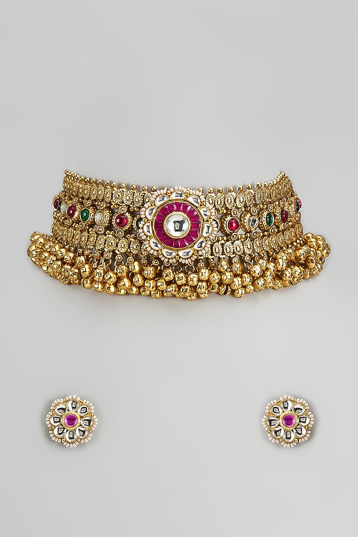 Gold Finish Imitation Kundan Polki & Semi-Precious Stone Necklace Set by Tad Accessories at Pernia's Pop Up Shop