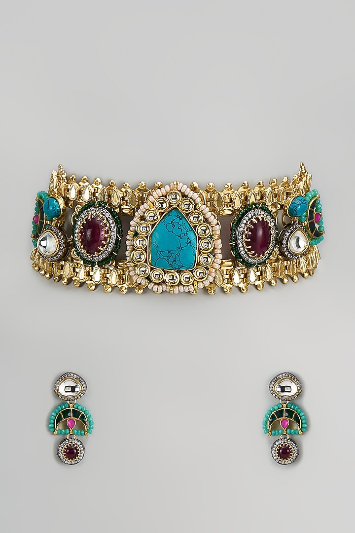 Gold Finish Imitation Kundan Polki & Blue Semi-Precious Stone Necklace Set by Tad Accessories at Pernia's Pop Up Shop