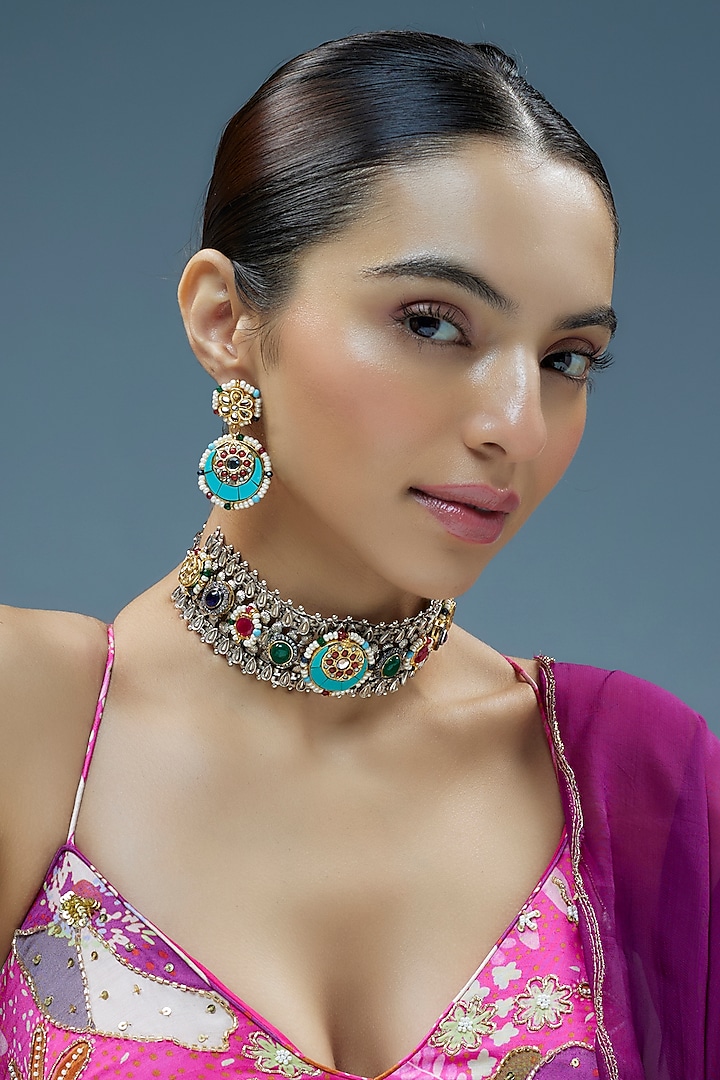 Oxidised Silver Finish Imitation Kundan Polki Necklace Set by Tad Accessories at Pernia's Pop Up Shop