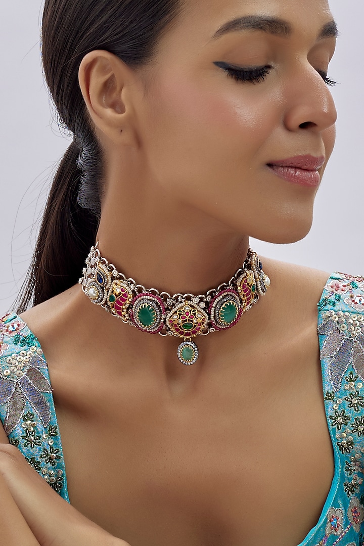 Oxidised Silver Finish Imitation Kundan Polki Necklace by Tad Accessories at Pernia's Pop Up Shop