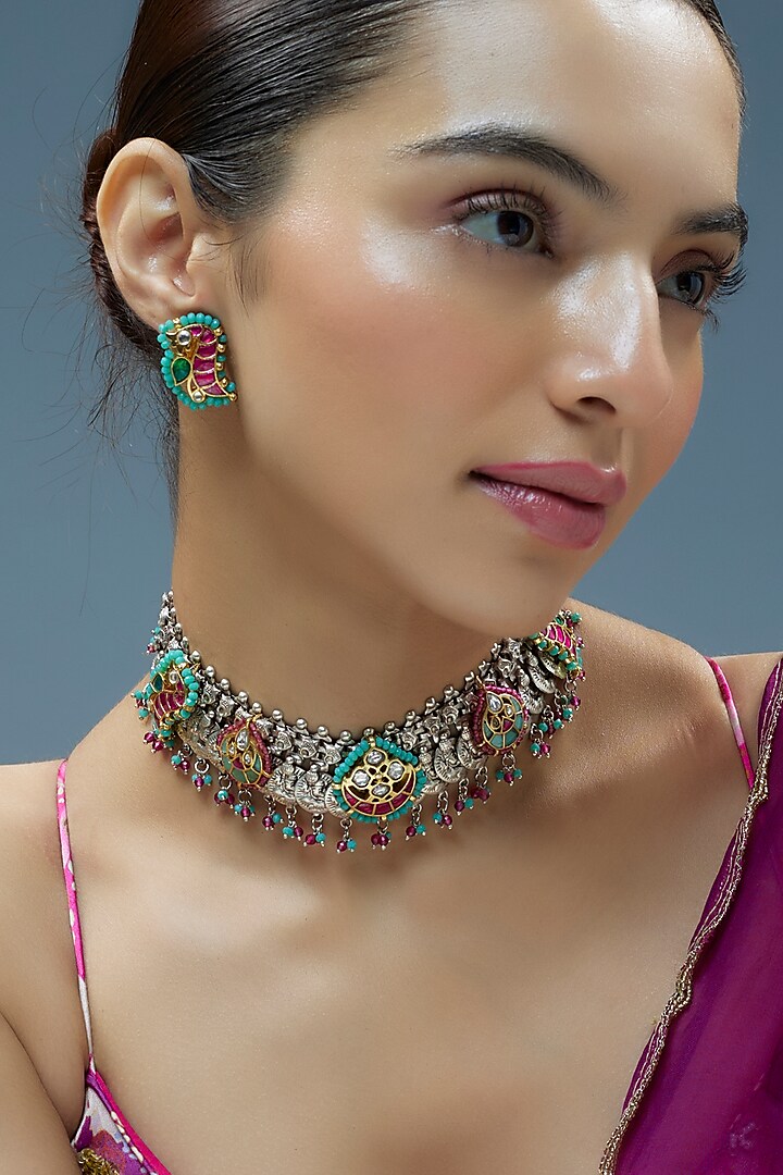 Oxidised Silver Finish Imitation Kundan Polki Necklace Set by Tad Accessories at Pernia's Pop Up Shop