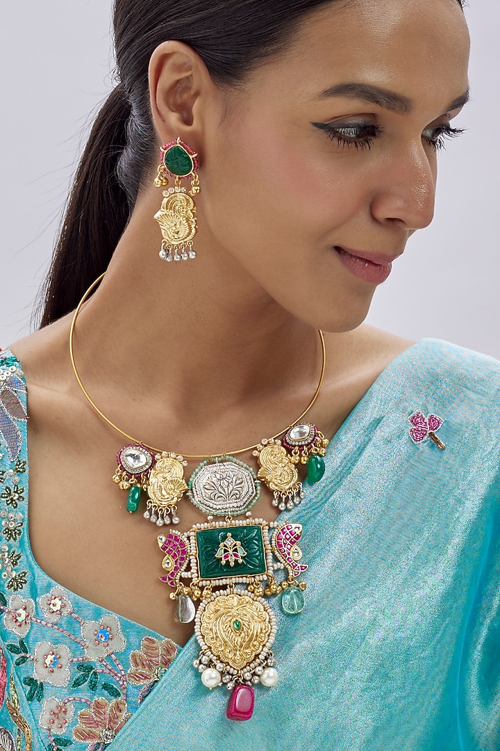 Gold Finish Imitation Kundan Polki & Semi-Precious Stone Necklace Set by Tad Accessories at Pernia's Pop Up Shop