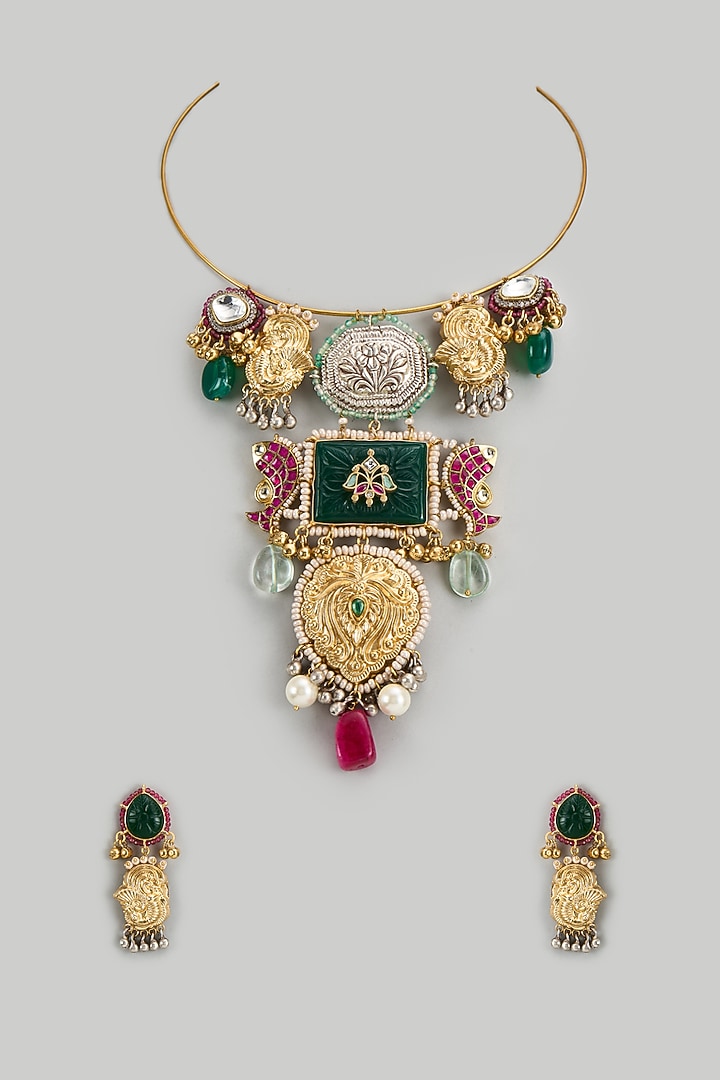 Gold Finish Imitation Kundan Polki & Semi-Precious Stone Necklace Set by Tad Accessories at Pernia's Pop Up Shop