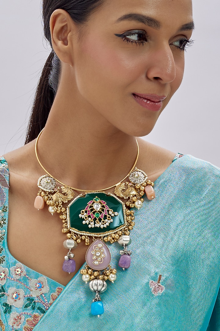 Gold Finish Imitation Kundan Polki & Green Semi-Precious Stone Necklace by Tad Accessories at Pernia's Pop Up Shop