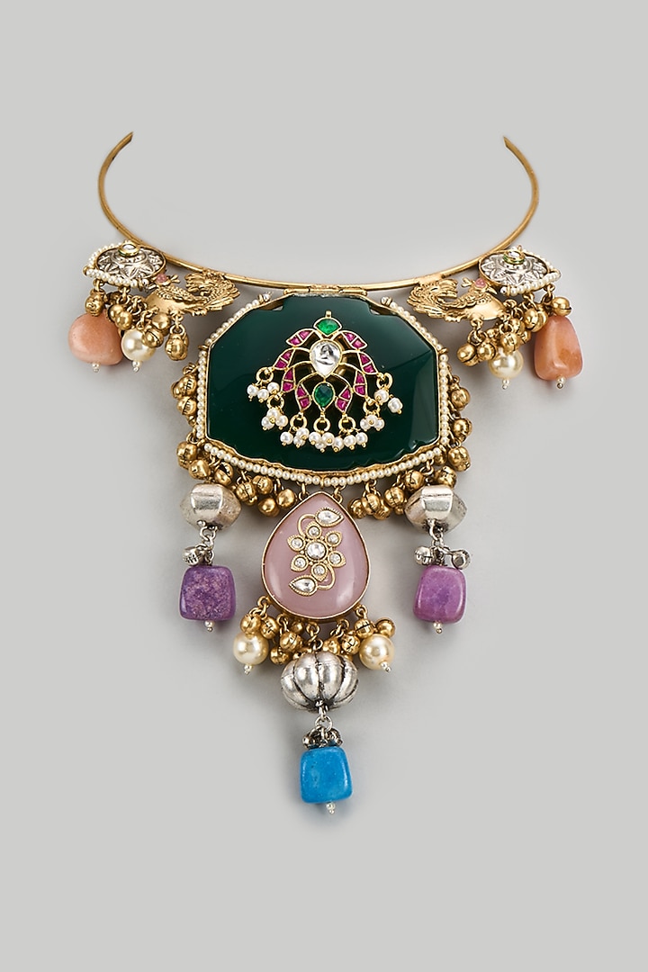 Gold Finish Imitation Kundan Polki & Green Semi-Precious Stone Necklace by Tad Accessories at Pernia's Pop Up Shop