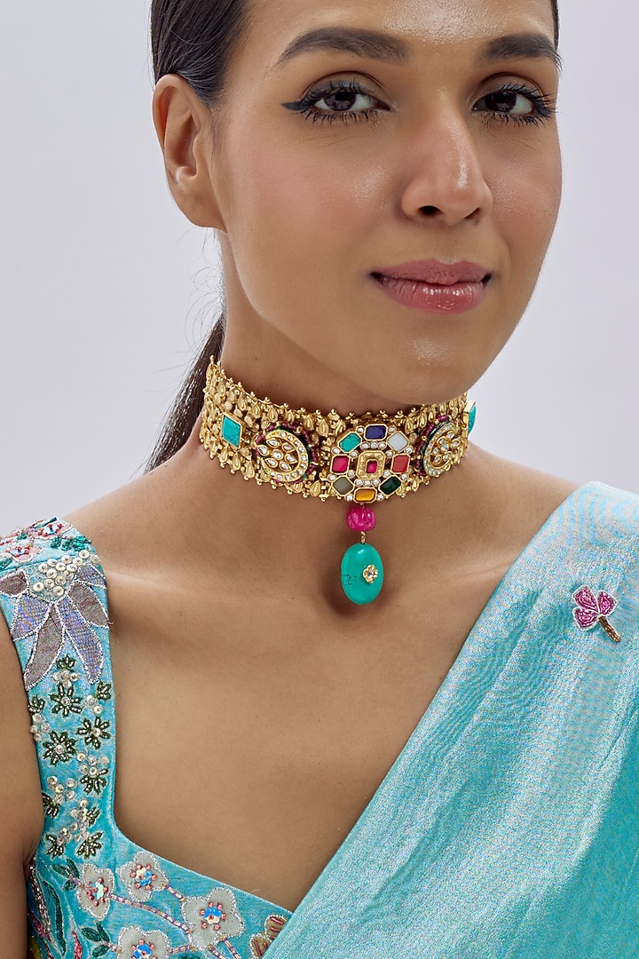 Gold Finish Imitation Kundan Polki & Multi-Colored Semi-Precious Stone Necklace by Tad Accessories at Pernia's Pop Up Shop