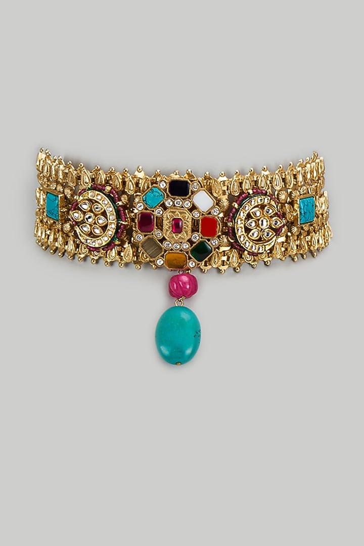 Gold Finish Imitation Kundan Polki & Multi-Colored Semi-Precious Stone Necklace by Tad Accessories at Pernia's Pop Up Shop