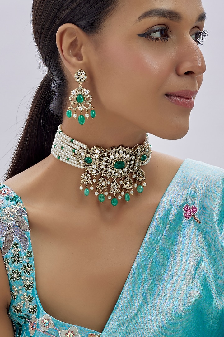 Gold Finish Kundan Polki & Green Semi-Precious Stone Necklace Set by Tad Accessories