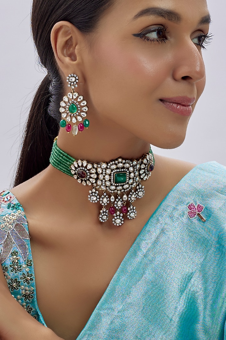 Gold Finish Kundan Polki & Green Semi-Precious Stone Necklace Set by Tad Accessories