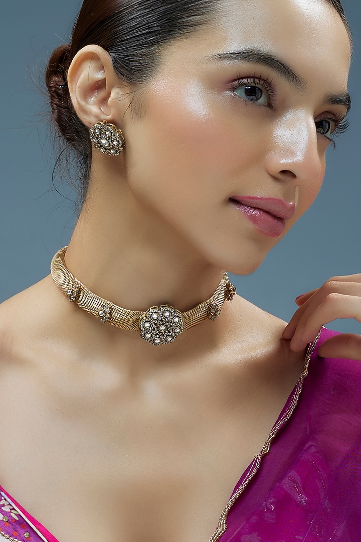 Gold Finish Kundan Polki Mesh Chain Necklace Set by Tad Accessories at Pernia's Pop Up Shop