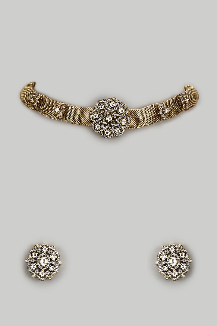 Gold Finish Kundan Polki Mesh Chain Necklace Set by Tad Accessories at Pernia's Pop Up Shop