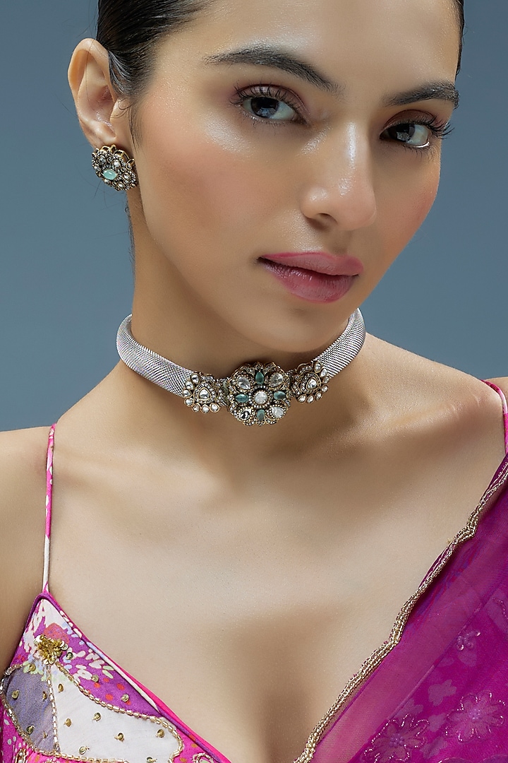 Silver Finish Kundan Polki Mesh Chain Necklace Set by Tad Accessories at Pernia's Pop Up Shop